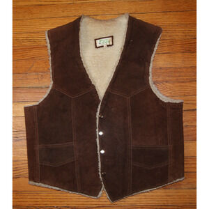 Vintage Sherpa Lined Brown Leather Snap button Vest Made In Mexico 80s Mens L